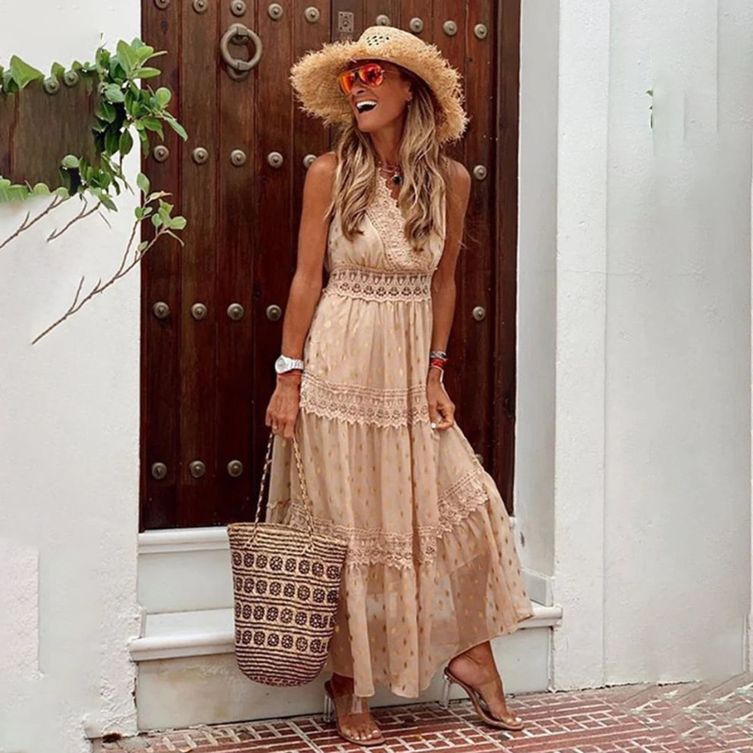 Beige lace bohemian maxi dress, sleeveless and lightweight, perfect for summer; shown in khaki color, size 2XL, featuring intricate lace detailing and flowing design.