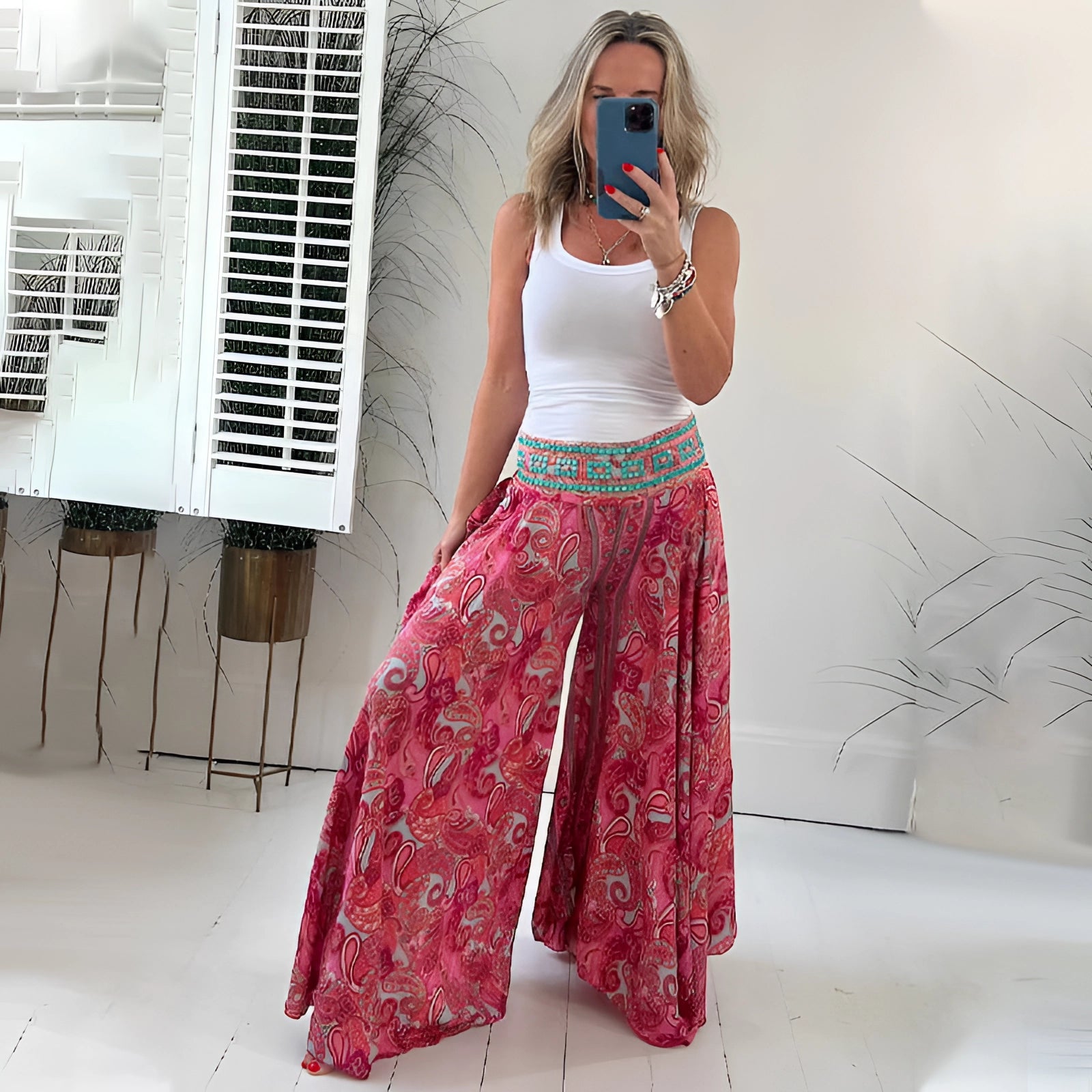 Bohemian Palazzo Pants in Pink Paisley Ethnic Print, Wide-Leg, Lightweight Fabric, shown in Red size XL.