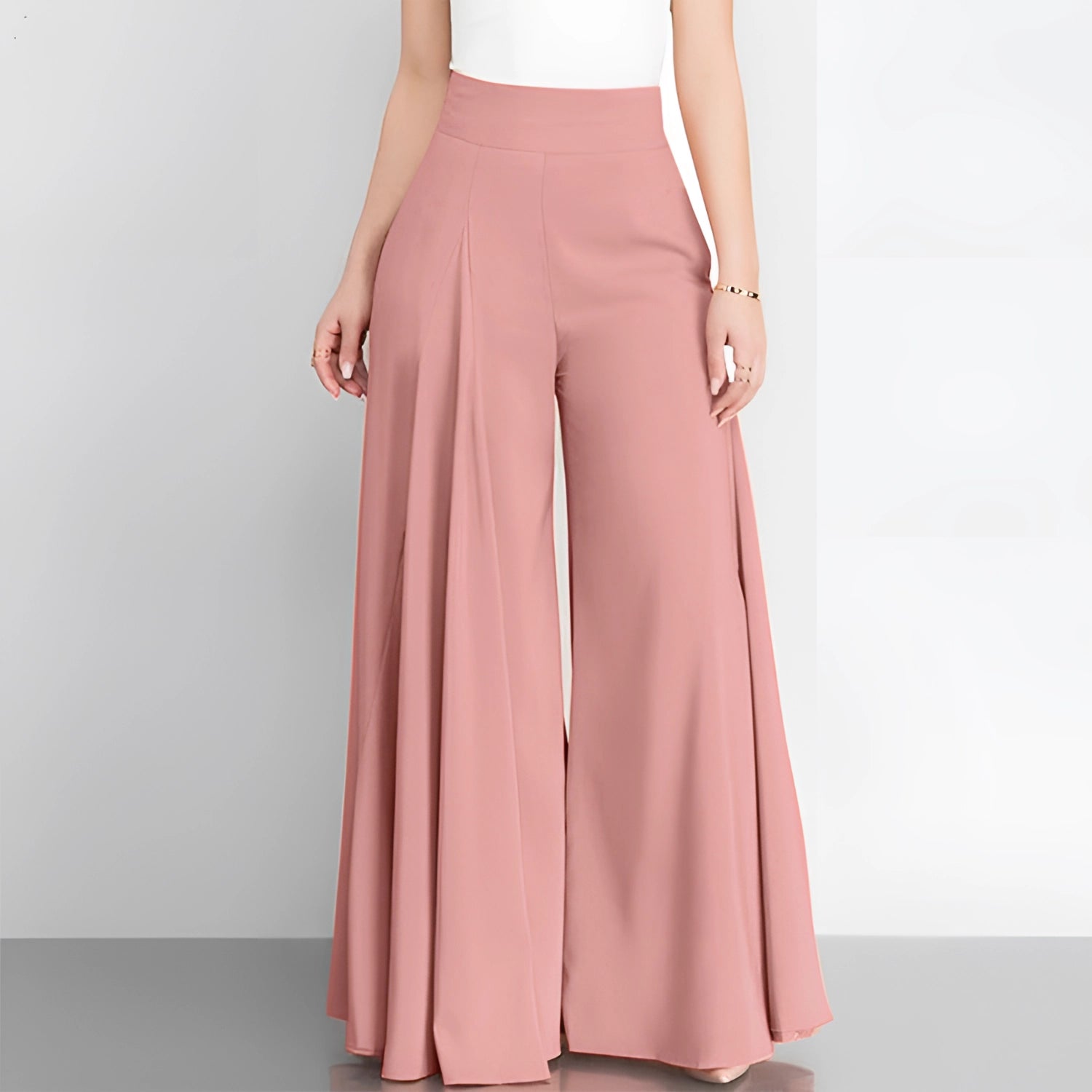 Elegant High-Waist Camel Palazzo Pants shown in Rose, size 2XL, paired with a pink blazer.