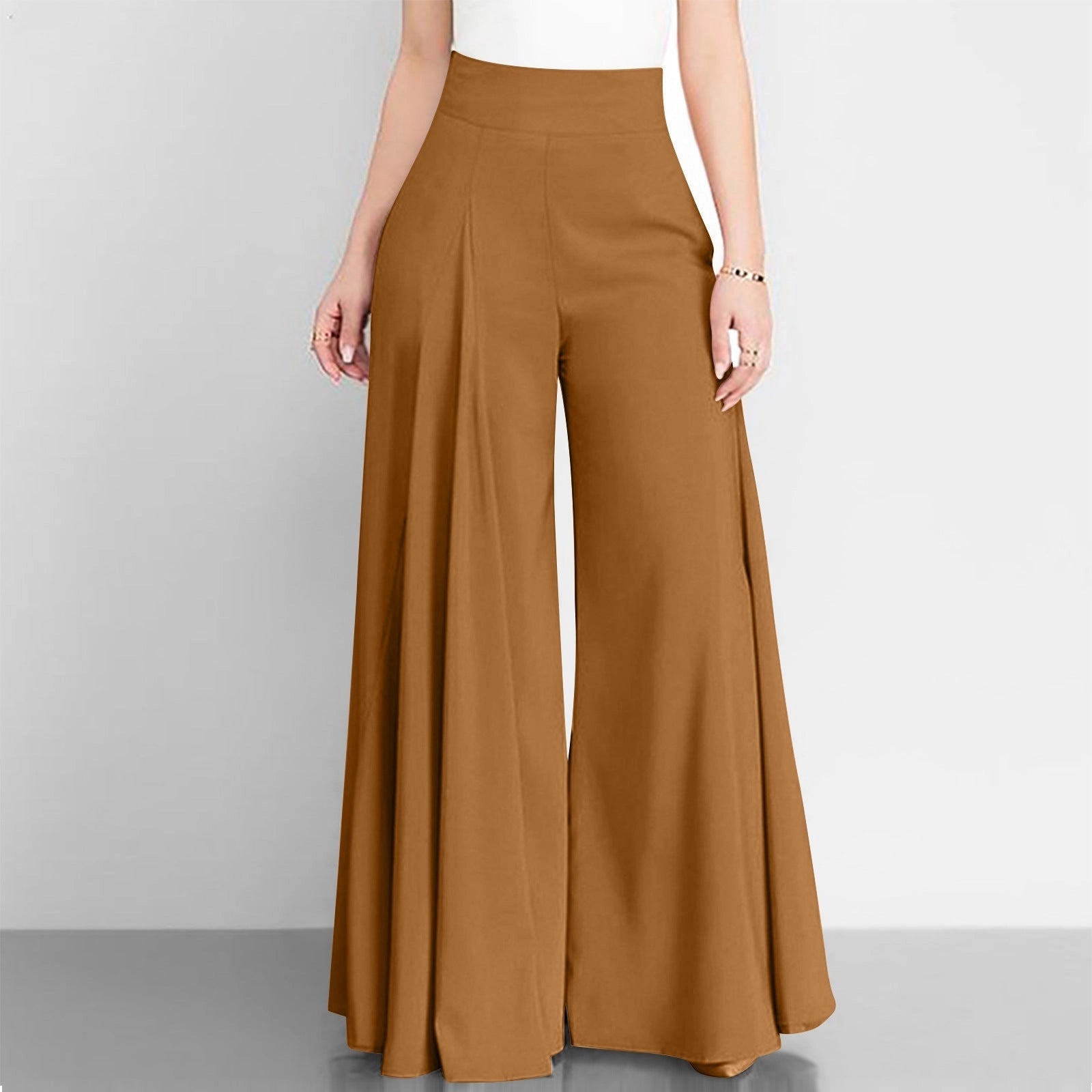 Elegant High-Waist Camel Palazzo Pants modeled by a person, showcasing the chic office workwear in Braun color and 2XL size.