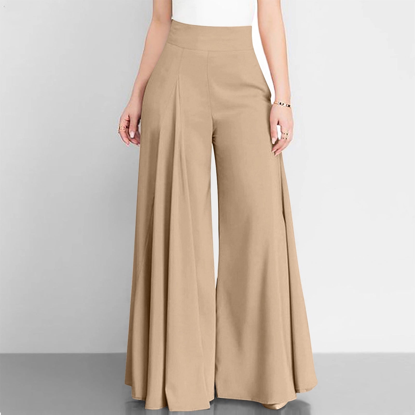 Elegant high-waist camel palazzo pants in khaki, size 2XL, styled as chic office workwear.