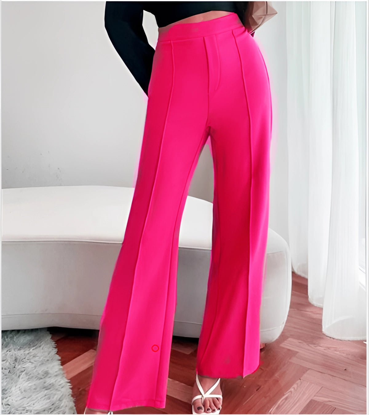 High-waist flared beige trousers tailored for office wear, displayed in rose red color, size 4XL. The trousers showcase a tailored fit with a high waist and flared legs.