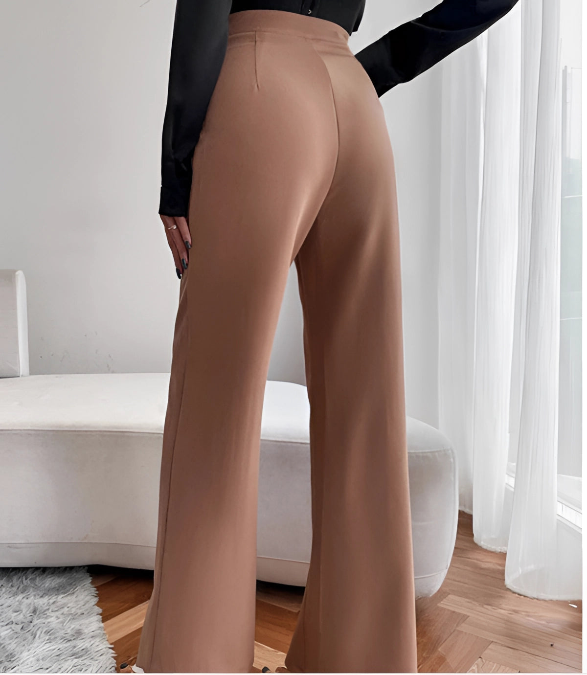 High-Waist Flared Beige Trousers - Tailored Fit Office Wear for Women, shown on model standing with focus on legs and waist