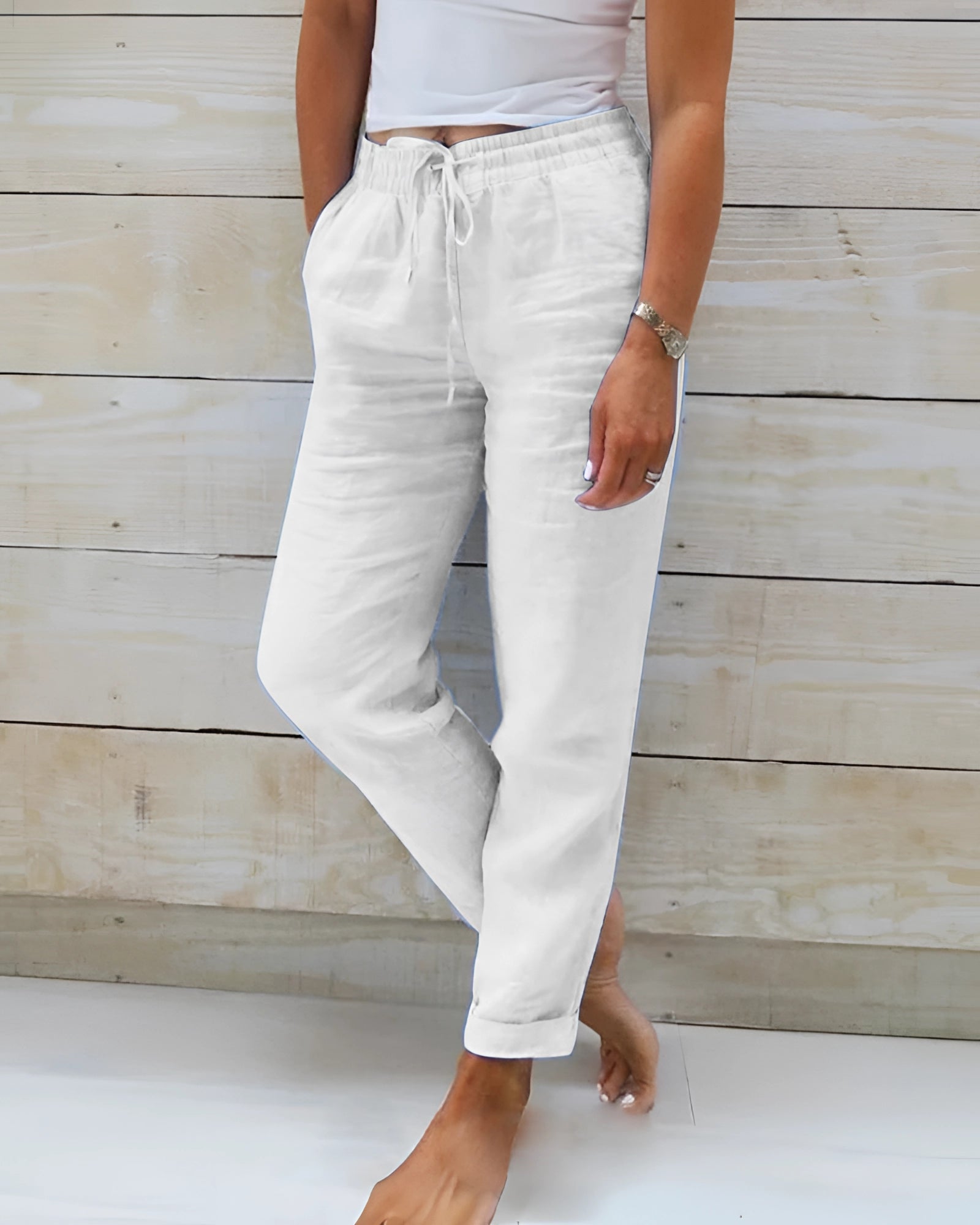 White lightweight chambray pants with an elastic drawstring waist, shown in 3XL size.