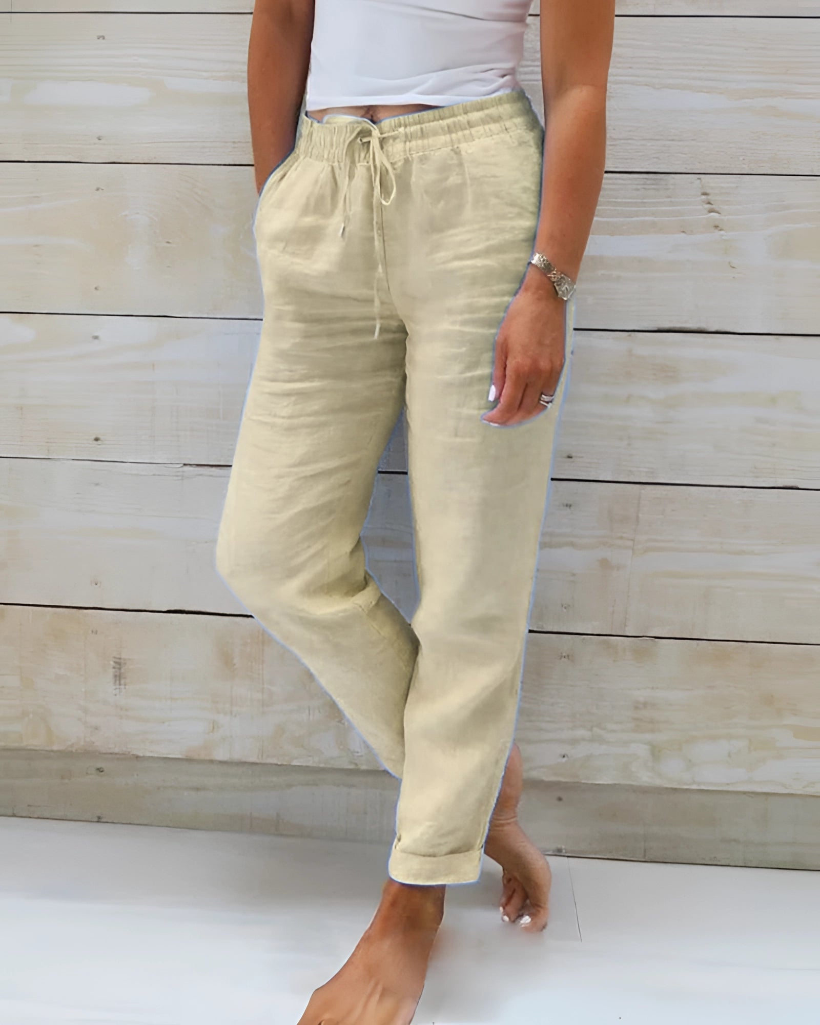 Lightweight Chambray Pants in Khaki, 3XL size, featuring elastic drawstring, breathable cotton joggers showing leg, waist, and thigh areas.