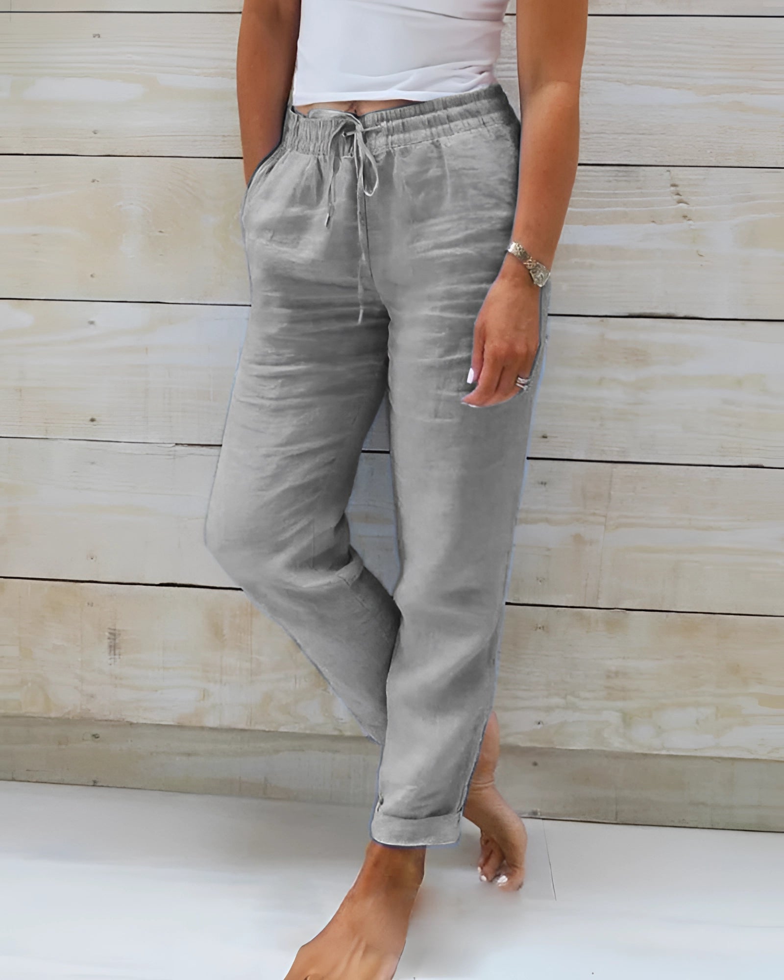 Gray Lightweight Chambray Pants in 3XL featuring an elastic drawstring waist, breathable cotton fabric, and jogger-style fit.