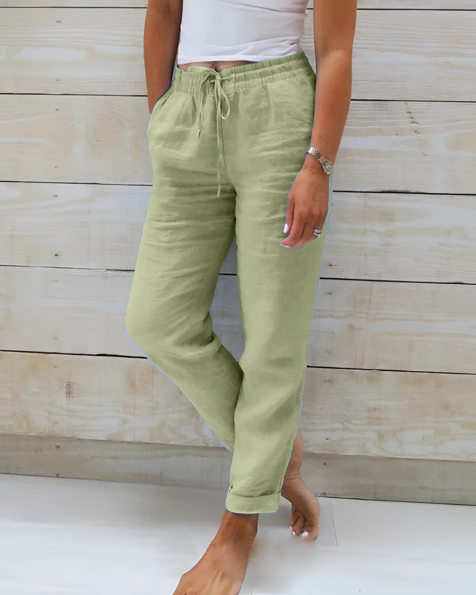 Lightweight chambray pants in green, elastic drawstring, breathable cotton joggers, size 3XL, displayed against a white background.