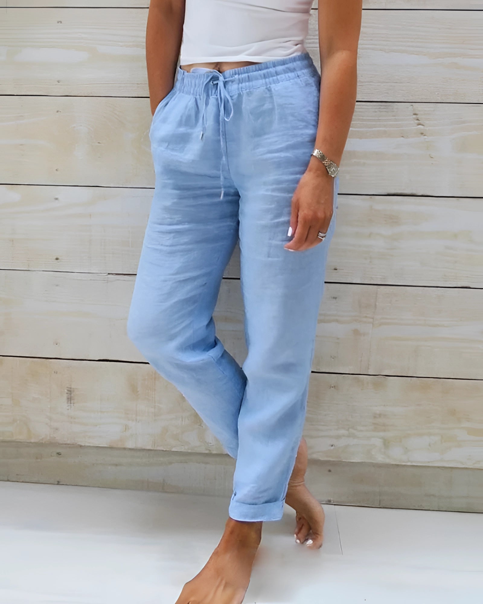 Lightweight chambray pants with an elastic drawstring, made from breathable cotton in blue, size 3XL, displayed with a focus on the waist and leg areas.