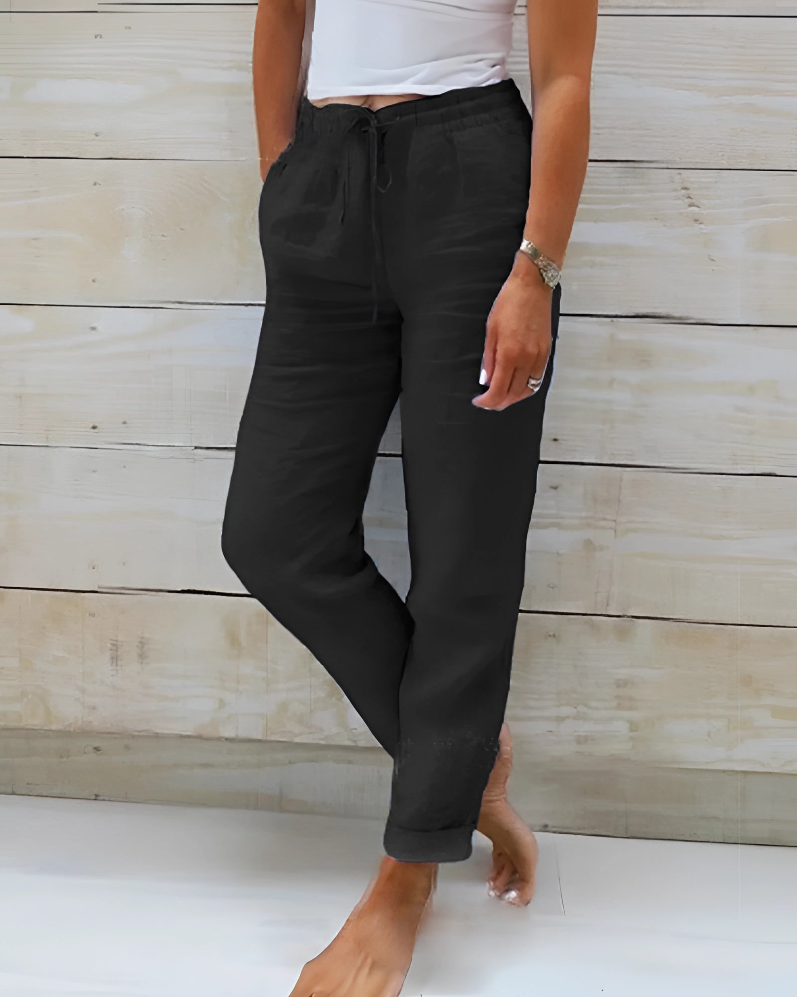 Black Lightweight Chambray Pants with Elastic Drawstring, Breathable Cotton Joggers in 3XL, featuring a comfortable fit around the waist and thighs.