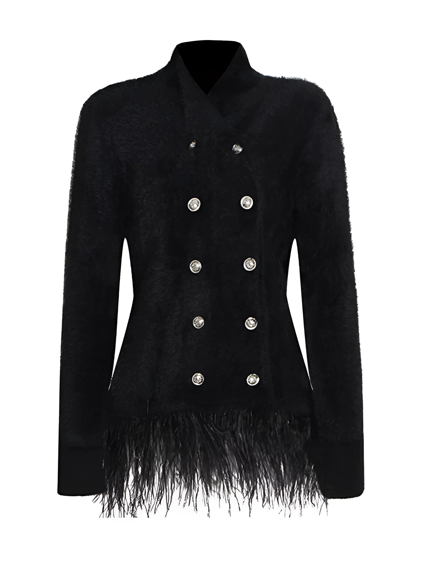 Luxury Women's Black Velvet Blazer with Feather Trim, Double-Breasted Design, Formal Collar, and Decorative Buttons