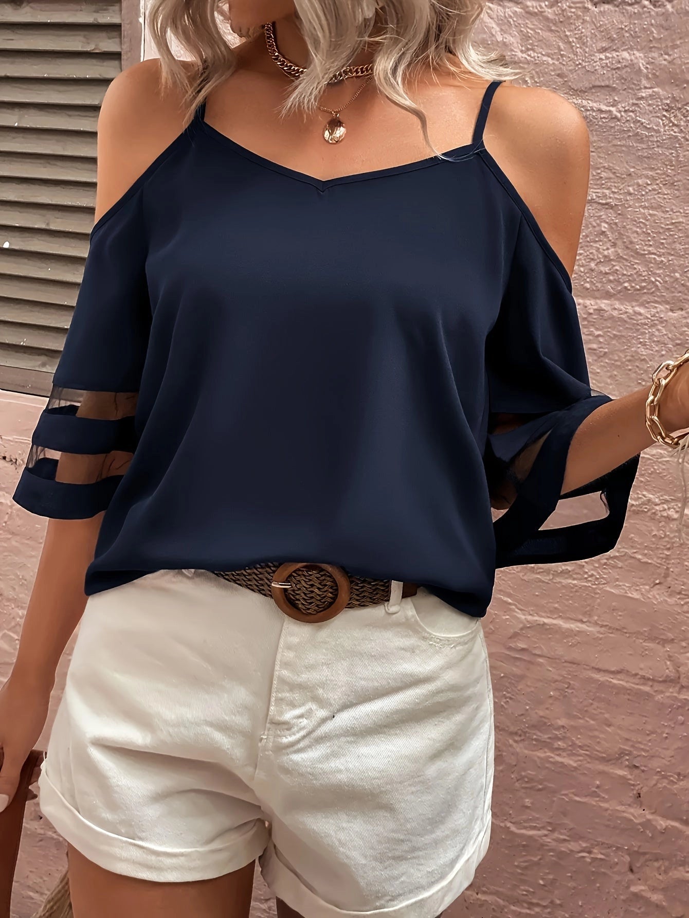 Navy blue cold shoulder top with split sleeves, trendy women's blouse in XXL size.