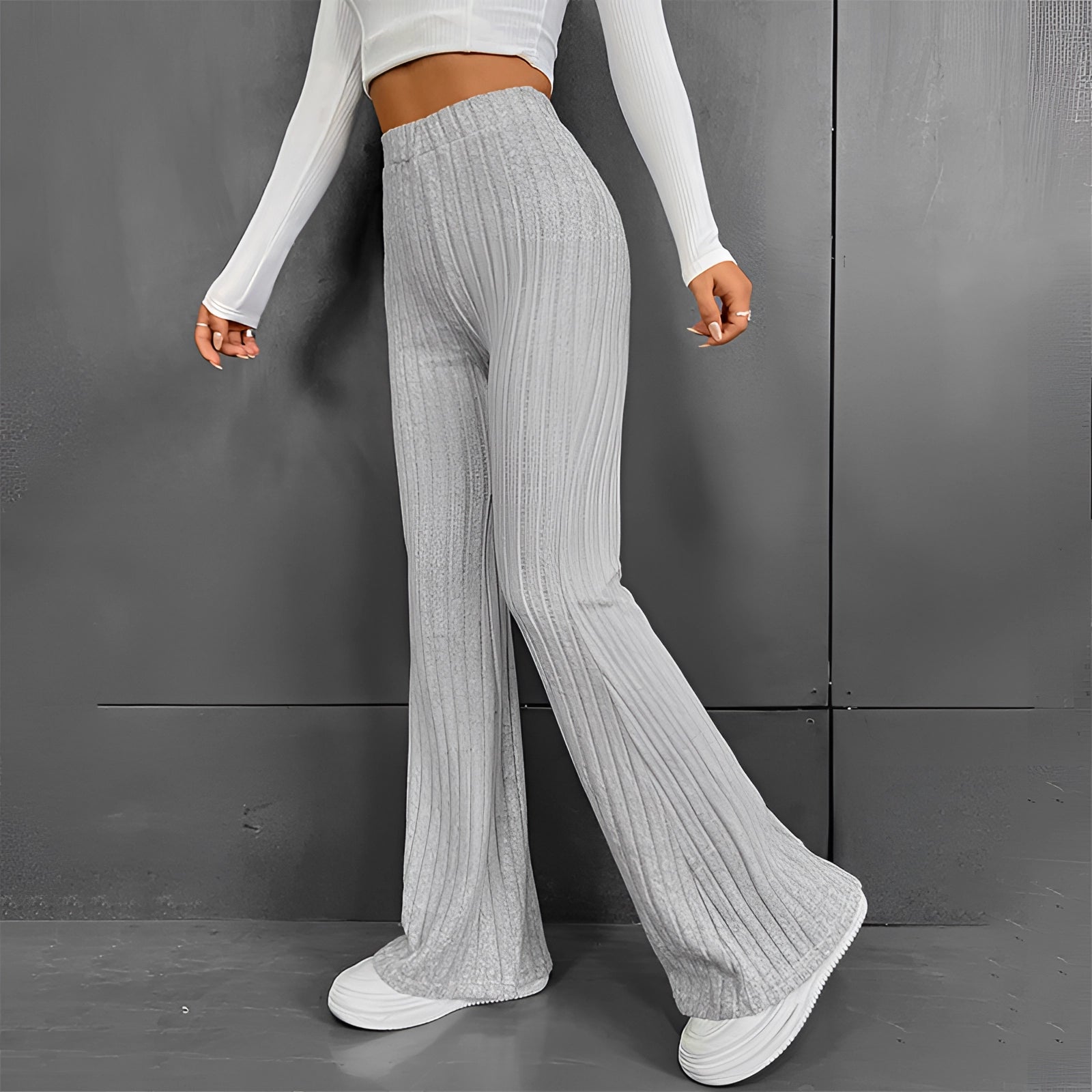 Olive Green High Waist Ribbed Flared Pants - Stretch Bell Bottoms, size Large, displayed on a model.