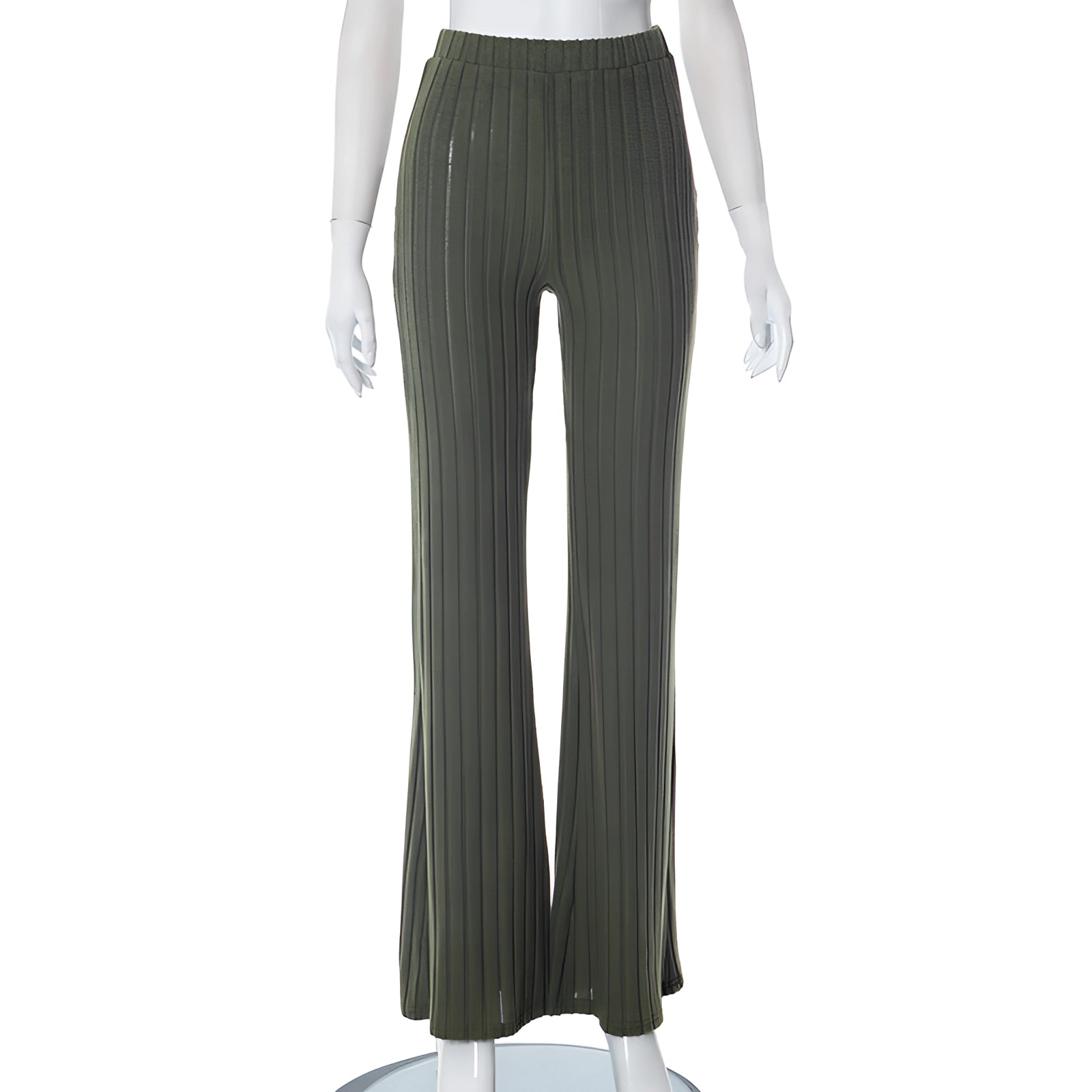 Olive green high waist ribbed flared bell bottom pants, worn by a model, showcasing the stretch fit and stylish flare.