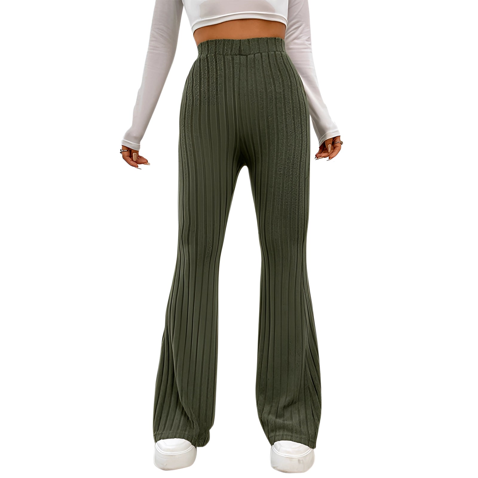 Olive green high waist ribbed flared pants with a stretchy, bell-bottom design modeled by a person standing upright.