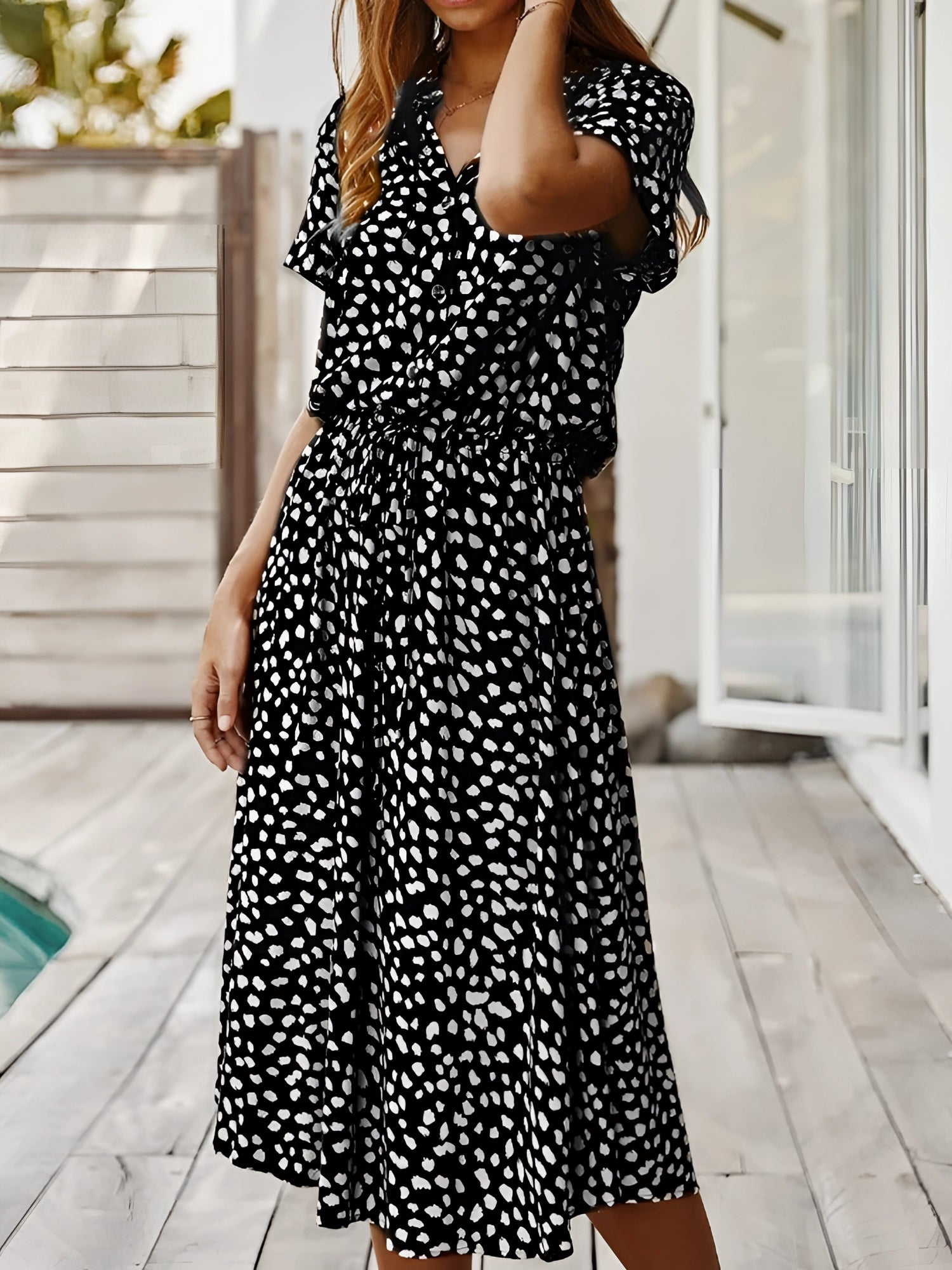 White polka dot midi dress with short sleeves, tie waist, and lightweight fabric, shown in black color and size 2XL.