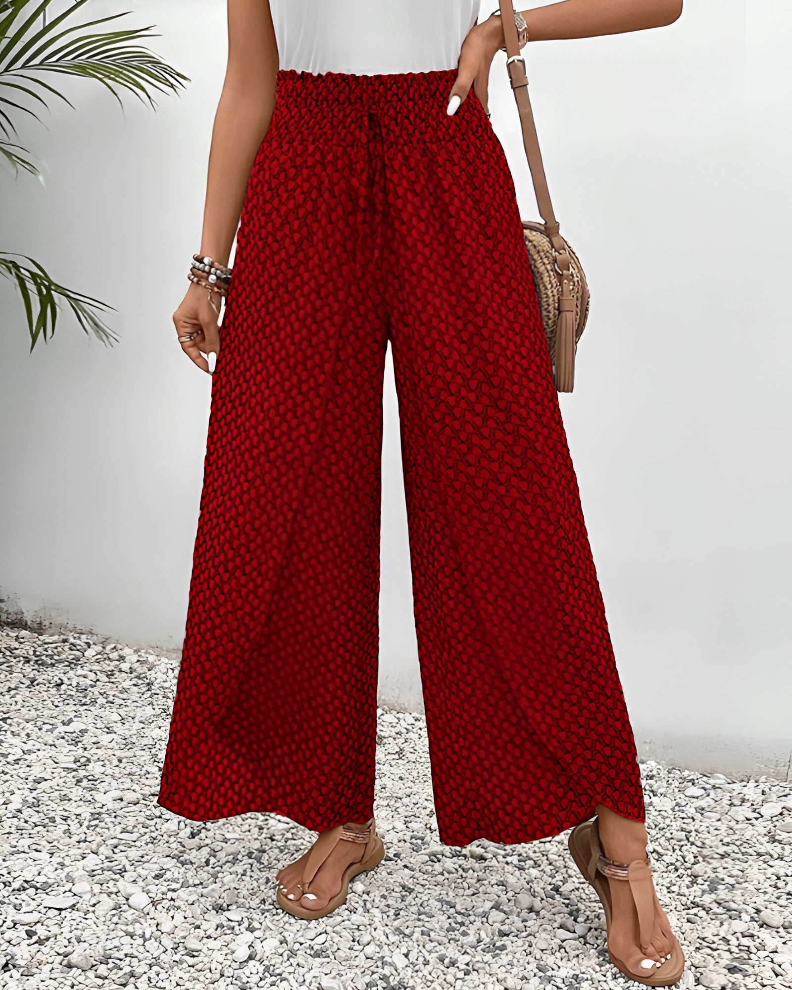 Red Ethnic Pattern High-Waisted Palazzo Pants in size 3XL, featuring a boho beachwear style with a vibrant red tartan design.