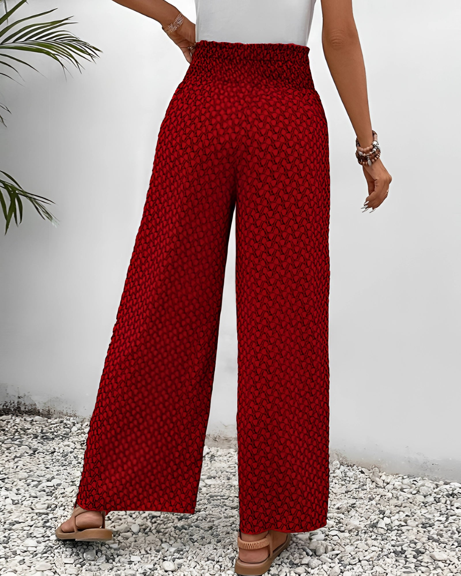 Red Ethnic Pattern High-Waisted Palazzo Pants with Summer Boho Beachwear Style, showcasing vibrant patterns and wide-leg design.