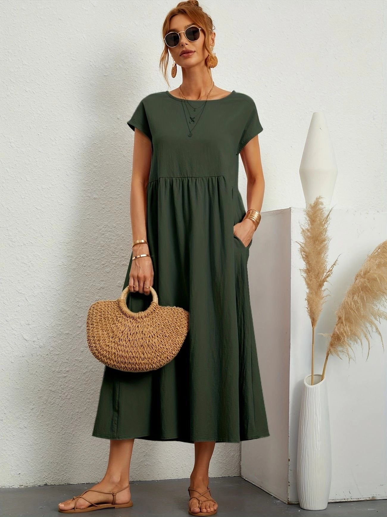 Army green short sleeve midi dress for women, summer casual style, featuring a crew neck and a relaxed fit, size 2XL.