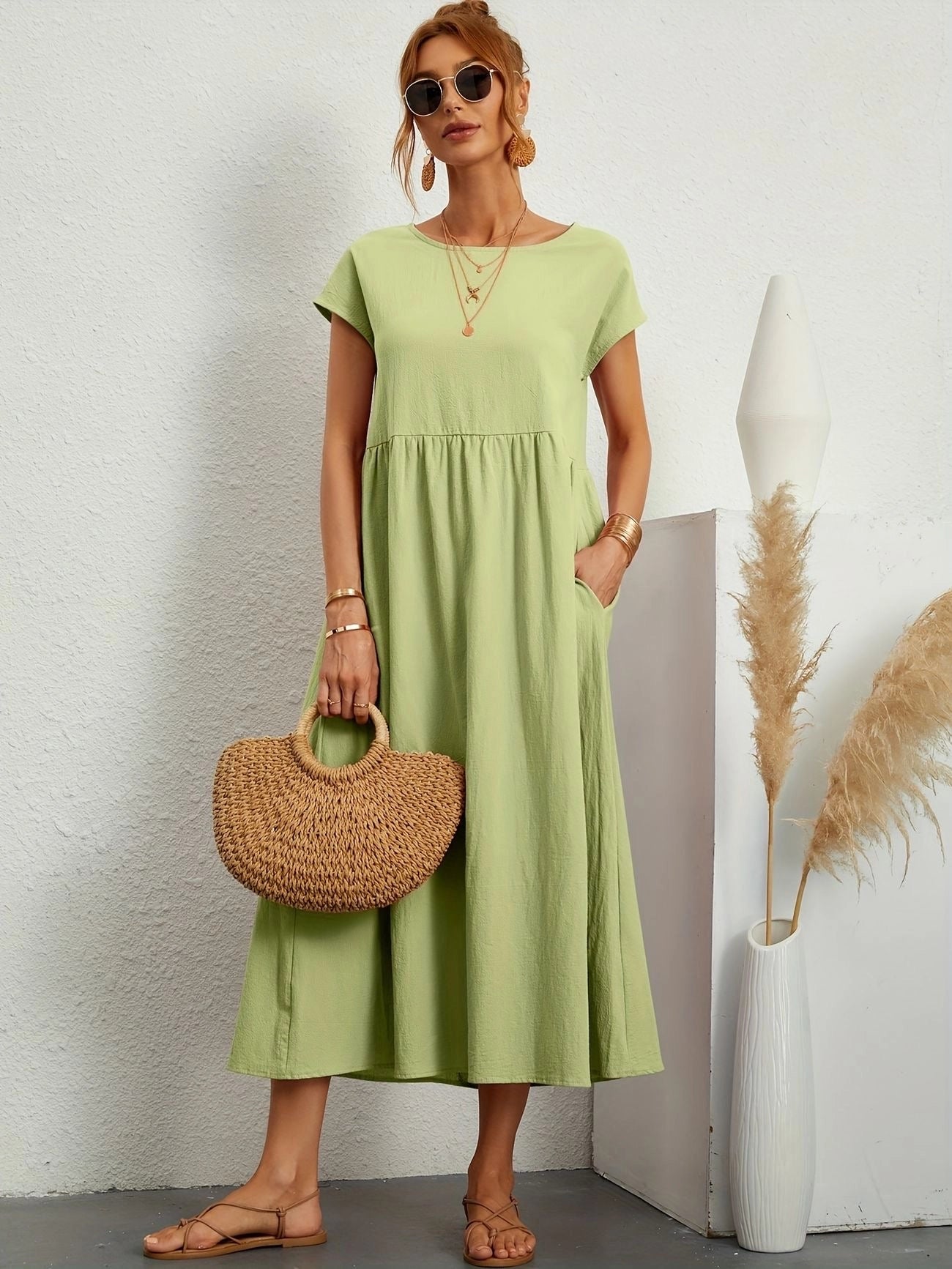 White midi dress with short sleeves, crew neck, and casual summer style for women, in mint color and size 2XL.